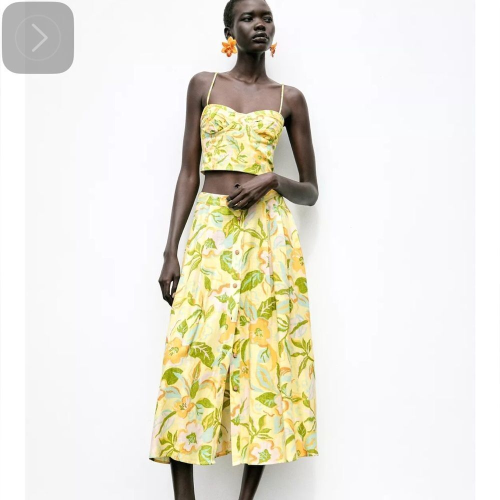 Zara Linen blend corset top with ruching Floral Yellow NWT XS - Picture 4 of 12
